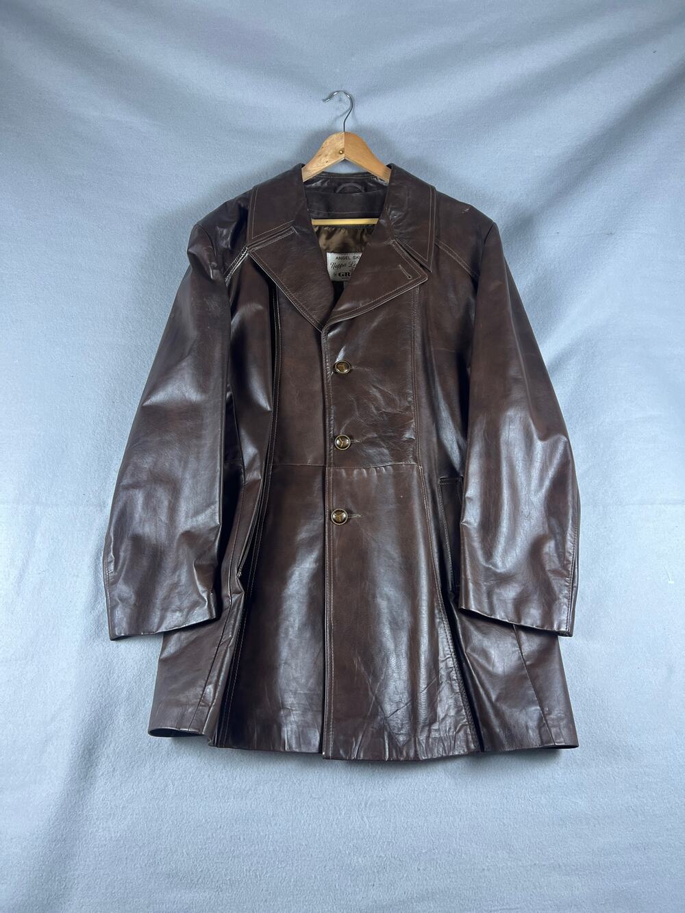 Vintage Grais Jacket Mens 46 Brown Nappa Leather Satin Lined 70s Mod Trench Coat